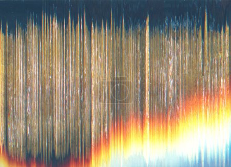 Photo for Color distortion. Analog glitch texture. Static noise. Orange blue white rainbow frequency artifacts dust scratches on black illustration abstract background. - Royalty Free Image
