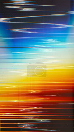 Photo for Color glitch texture. Distortion overlay. Distressed screen. Blue orange white gradient glow defect dust scratches noise on black illustration abstract background. - Royalty Free Image