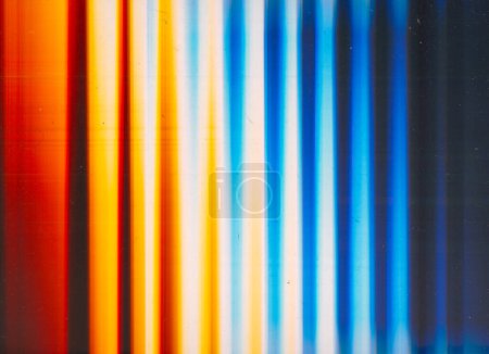 Color noise glow. Distressed old film. Analog distortion. Blue orange white stripes artifacts dust scratch texture on black illustration abstract background.