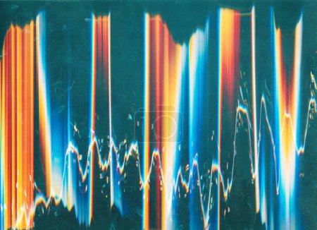 Photo for Glitch overlay. Glow noise texture. Weathered old film. Blue orange white color light flare defect dust scratches on dark illustration abstract background. - Royalty Free Image