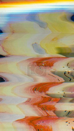 Photo for Glitch noise texture. Color abstract background. Watercolor distortion. Orange yellow blue wave pattern light flare on light illustration wallpaper. - Royalty Free Image