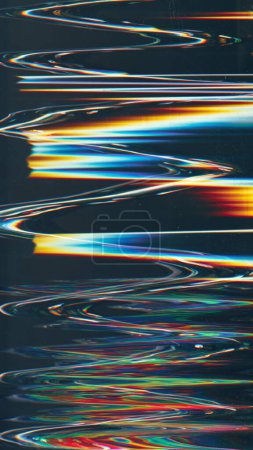 Photo for Color distortion. Analog glitch texture. Distressed display. Orange blue red glowing wave artifacts dust scratches on dark black illustration abstract background. - Royalty Free Image