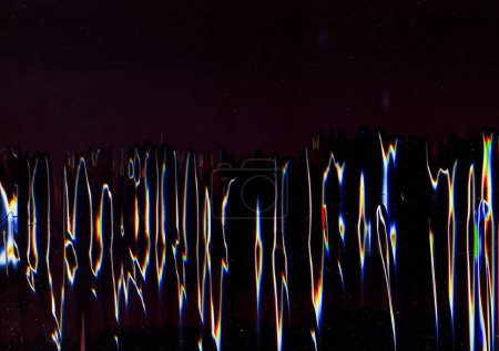 Photo for Glitch overlay. Neon glow. Distortion noise display. Rainbow light gradient design with crumpled imitation texture on black background. - Royalty Free Image