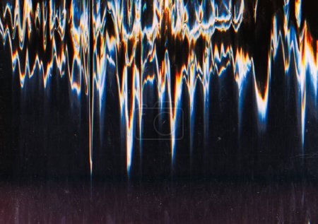 Photo for Glitch overlay. Vhs vibration. Digital background. Blurred sharp glowing blue yellow white zigzag lines on top of scratched black display. - Royalty Free Image
