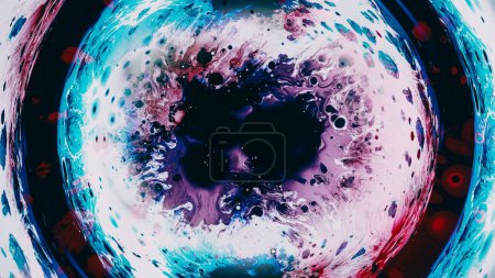 Foto de Remolino de agua de tinta. Pintura de vórtice. Salpicadura de líquido blanco rojo púrpura en marco de círculo azul salpicaduras de acuarela ilustración fondo abstracto. - Imagen libre de derechos