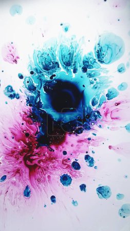 Photo for Color explosion. Paint splash. Blue pink ink splatter with curves bubble liquid stains on white background abstract illustration. - Royalty Free Image