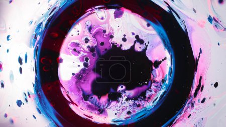 Photo for Paint swirl. Interstellar cloud. Pink blue red liquid splash in black circle frame ink floating abstract illustration on white background. - Royalty Free Image