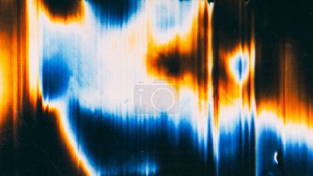 Photo for Glitch light. Overlay background. Distortion noise. Dark black display with glowing blue orange smearing vibration lines pattern. - Royalty Free Image