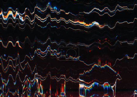 Photo for Glitch distortion. Noise interference. Signal error. Neon background of vhs screen blue white red zigzag lines vibration texture. - Royalty Free Image