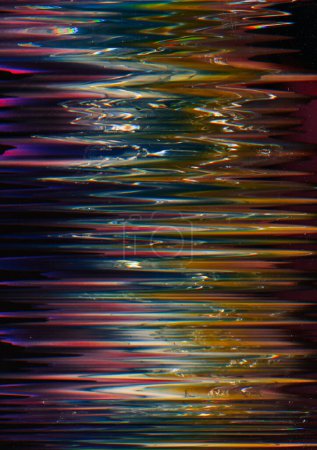 Photo for Glass distortion. Old film. Glitch noise. Colorful background with interference lines of gradient purple blue yellow blurred zigzag texture on black. - Royalty Free Image