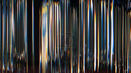 Photo for Digital glitch. Vibration noise. Signal distortion. Blurred glowing blue yellow white zigzag lines interference texture on black background. - Royalty Free Image