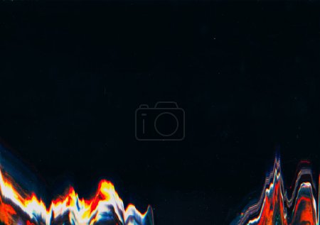 Photo for Damaged screen. Glitch overlay. Flare effect. Digital black background with neon blurred red yellow blue noise texture free space. - Royalty Free Image