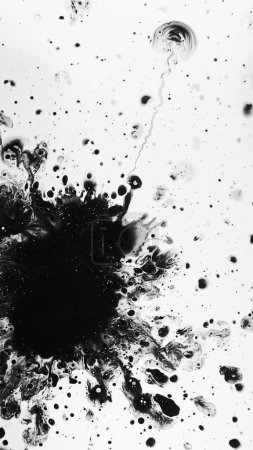 Photo for Ink splash. Oil stains. Black white illustration water whirl oil spatters spreading dark fluid drops floating creating abstract background. - Royalty Free Image