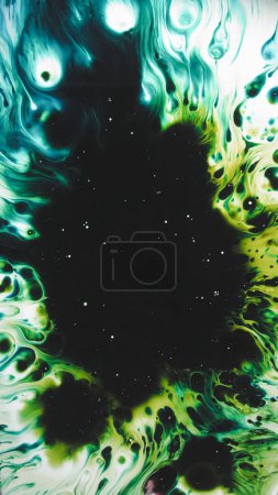 Photo for Ink splatter. Colorful stains. Green yellow black fluid splash spreading on light background paint explosion abstract creative illustration. - Royalty Free Image