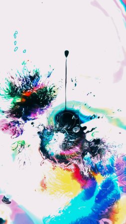 Photo for Color dropping. Acrylic swirl. Fluorescent drip ink splash on bright blue pink yellow fluid mix rainbow spatters floating abstract illustration with free space. - Royalty Free Image