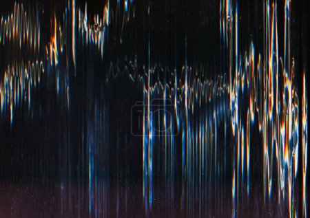 Photo for Signal distortion. Vhs glitch. Light glow background. Dark screen with blue yellow white flare zigzag lines texture on black. - Royalty Free Image