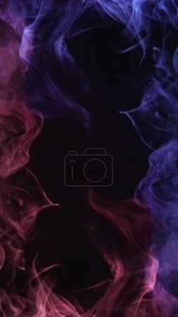 Photo for Smoke fractal. Neon vapor. Mist frame. Purple blue color glowing fume swirl cloud texture on dark black copy space abstract art background. - Royalty Free Image