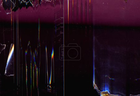 Photo for Broken display. Glass texture. Glitch overlay. Dark screen with damaged surface blue purple light flare lines noise design on black background. - Royalty Free Image