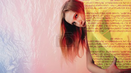 Photo for Personal data protection. Cyber security. Virtual privacy. Concerned woman hiding behind glitch encryption on pink blue color gradient copy space wrinkled background. - Royalty Free Image