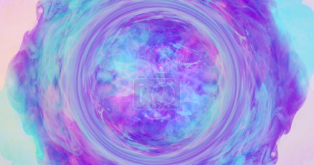 Photo for Neon swirl. Smoke frame circle. Spiritual vortex. Blur iridescent cyan blue pink purple color light ink water mist on white abstract free space background. - Royalty Free Image