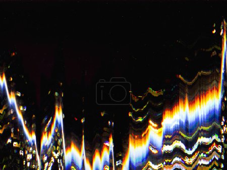 Photo for Light glow. Interference noise. Glitch vibration. Abstract background of black surface blue white yellow smearing zigzag ornament overlay free space. - Royalty Free Image