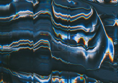 Foto de Superposición de fallos. Fondo abstracto. Luz de distorsión. Superficie azul con capas de manchas brillantes del arco iris vhs textura de la vibración. - Imagen libre de derechos