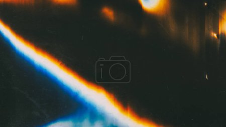 Photo for Glitch light. Overlay background. Distortion noise. Black screen with glowing blue orange smearing lines and blinking spots pattern. - Royalty Free Image