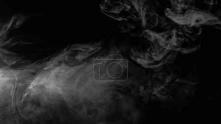 Téléchargez les photos : Superposition de brouillard. Onde de fumée. Fume flottante. Blanc transparent flux de texture de vapeur sur fond abstrait noir foncé espace de copie. - en image libre de droit