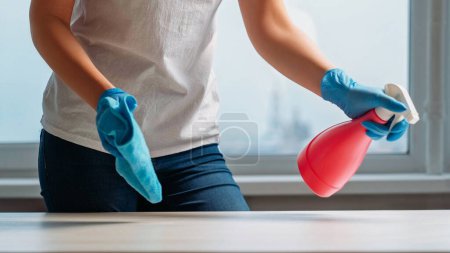 Photo for Home cleaning. Dirty surface. Woman houseworker hands in protective gloves with blue microfiber wiper removing dust from table with detergent bottle in room interior. - Royalty Free Image