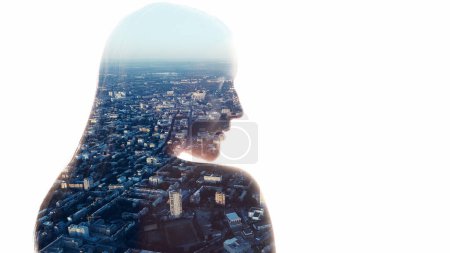 Photo for City loneliness. Megalopolis life. Double exposure of woman face profile silhouette with town houses buildings view isolated on white background empty space. - Royalty Free Image