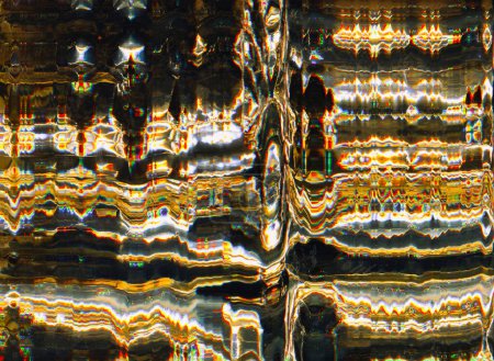 Photo for Glass distortion. Glitch noise. Interference vibration. Blurred glowing yellow vhs zigzag lines error effect on black background. - Royalty Free Image