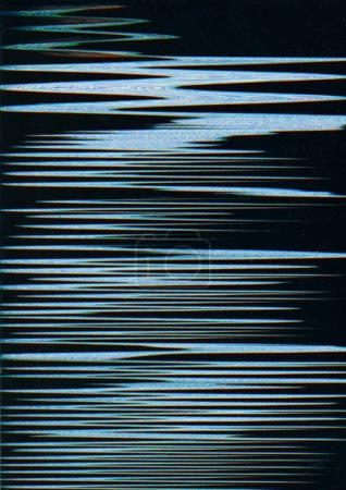 Foto de Distorsión de fallos. Error de ruido. Patrón abstracto. Coloridas líneas de interferencia azul claro en zigzag textura sobre fondo negro. - Imagen libre de derechos