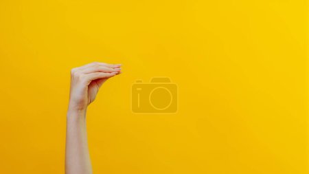 Téléchargez les photos : Théâtre des mains. Publicité. Femme bras bouche geste parler performance amusant introduisant sensation isolé sur fond jaune espace vide. - en image libre de droit