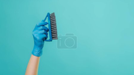 Photo for Washing tool. Cleaning brush advertising. Houseworker hand in blue rubber gloves with bristles dirt scrubbing equipment isolated on green background empty space. - Royalty Free Image
