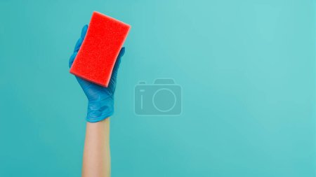 Foto de Equipo de limpieza. Higiene. Camarera en guantes protectores con herramienta de esponja de lavado rojo en mano aislada sobre fondo verde espacio vacío. - Imagen libre de derechos
