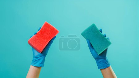 Photo for Surface washing. Dirt wiping. Kitchen cleaning polish sponges tools in houseworker hands in protective gloves isolated on green background empty space. - Royalty Free Image