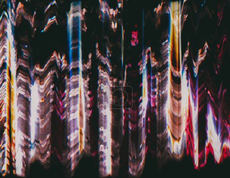 Photo for Glitch display. Interference noise. Festive design. Colorful background with rainbow neon blue yellow red white blurred tinsel distortion texture. - Royalty Free Image