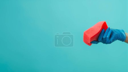 Photo for Housework equipment. Perfect cleaning. Professional janitor hand in chemical protection gloves crumpling pink absorbing wet sponge wiper isolated on green background empty space. - Royalty Free Image