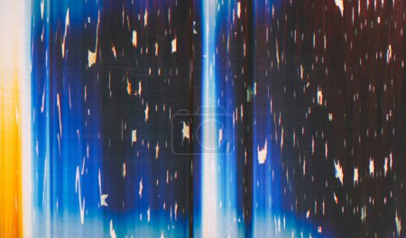 Photo for Glitch background. Space design. Distortion light. Colorful glowing blue orange smearing lines reflection with blurred stars pattern overlay. - Royalty Free Image