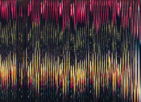 Photo for Static noise texture. Glitch abstract background. Frequency error. Pink yellow color vibration digital distortion on dark black illustration poster with free space. - Royalty Free Image