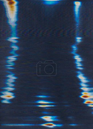 Photo for Glitch overlay. Color noise texture. Old TV artifacts. Blue orange white light flare distortion on dark black illustration abstract background with free space. - Royalty Free Image