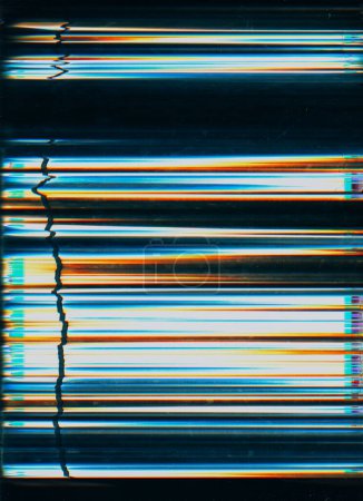 Photo for VHS tape glitch. Old film noise. Analog distortion. Blue orange white color glowing stripes dust scratches on dark black illustration abstract background. - Royalty Free Image