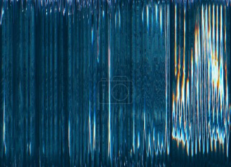 Photo for Glitch texture. Analog noise overlay. VHS tape distortion. Blue orange white color wave lines artifacts on dark black illustration abstract copy space background. - Royalty Free Image