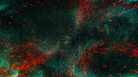 Dust particles background. Magic portal. Time travel. Teal green red blur shiny sky stars sparks in hypnotic black abstract galaxy cosmic art.