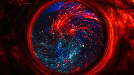Photo for Colorful vortex background. Space portal. Red blue contrast sparks flow in orange shimmering glitter fog circle hypnotic magic abstract art. - Royalty Free Image