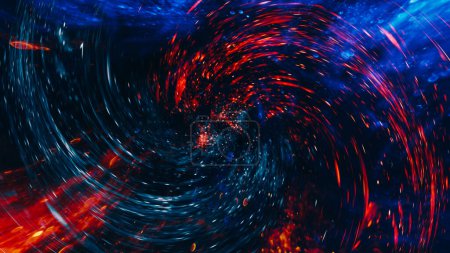 Photo for Colorful swirl background. Time portal. Red dark blue sparkles mix hypnotic energy spiral in black abstract shimmering sky creative space art. - Royalty Free Image