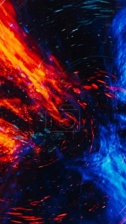 Foto de Fondo moderno colorido. Fuego hielo. Azul amarillo rojo contraste vapor olas chispas en frío caliente energía lucha en negro en hipnótico abstracto arte. - Imagen libre de derechos