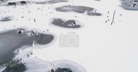 Foto de Vista aérea nevada. Temporada de invierno. Cubierta de tierra blanca con lagos congelados clima frío nublado campo fauna paisaje drone. - Imagen libre de derechos