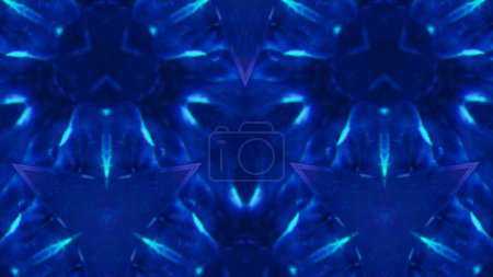 Foto de Cibergráfico. Fondo de neón. Caleidoscopio digital. Diseño geométrico de forma de triángulo de rayos de luz fluorescentes de color azul desenfocado en ilustración abstracta oscura. - Imagen libre de derechos