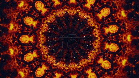 Foto de Adorno caleidoscopio. Mandala brillante. Color rojo anaranjado brillante chispas simétrico geométrico redondo gráfico sobre fondo de ilustración de arte abstracto negro oscuro con espacio de copia. - Imagen libre de derechos